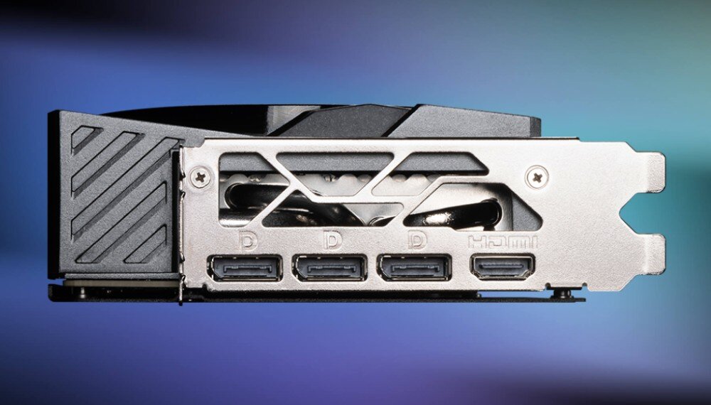 Karta graficzna MSI GeForce RTX 5080 Gaming Trio OC 16GB Panel wyjść w karcie MSI GeForce RTX 5080 Gaming Trio OC, zawierający trzy złącza DisplayPort 2.1b i jedno HDMI 2.1b