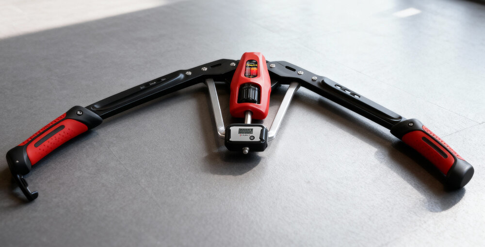 Ściskacz do ramion HMS F1020 Pro szara podłoga na podłodze leży rozłożony ściskacz hydrauliczny ekspander do ramion do treningu siłowego górnych partii ciała w warunkach domowych uzupełnienie innych aktywności sportowych do ćwiczeń wzmacniających klatkę piersiową plecy barki ramiona pozwala realizować różne warianty ruchów