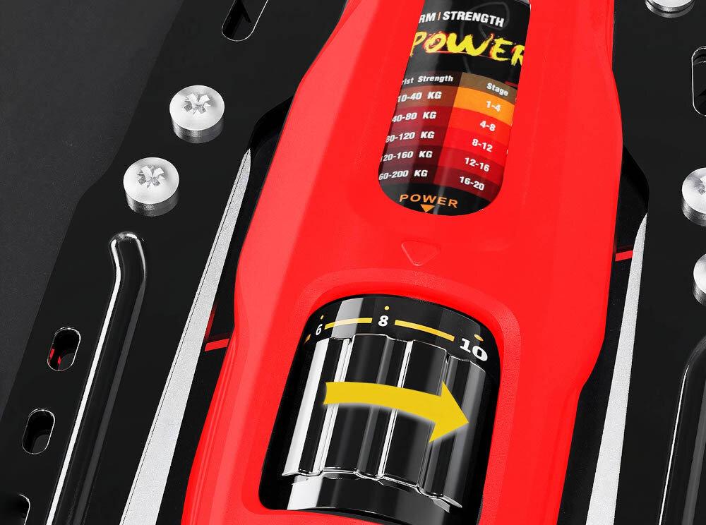 Ściskacz do ramion HMS F1020 Pro zbliżenie na pokrętła do regulacji oporu płynna hydrauliczna regulacja oporu w zakresie od 10 do 200 kg można dopasować obciążenie do aktualnych możliwości użytkownika 20 poziomów stopniowy progres zwiększa efektywność treningu