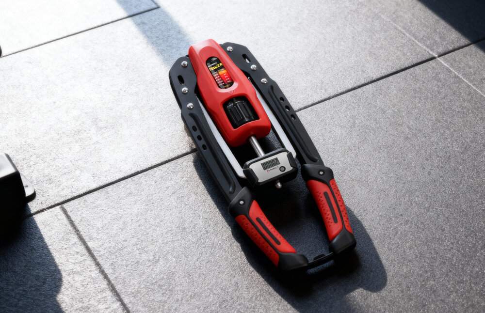 Ściskacz do ramion HMS F1020 Pro podłoga złożony ściskacz leży na podłodze wymiary po złożeniu 43 × 17 cm waga około 2,5 kg składana konstrukcja dla osób początkujących i doświadczonych sportowców