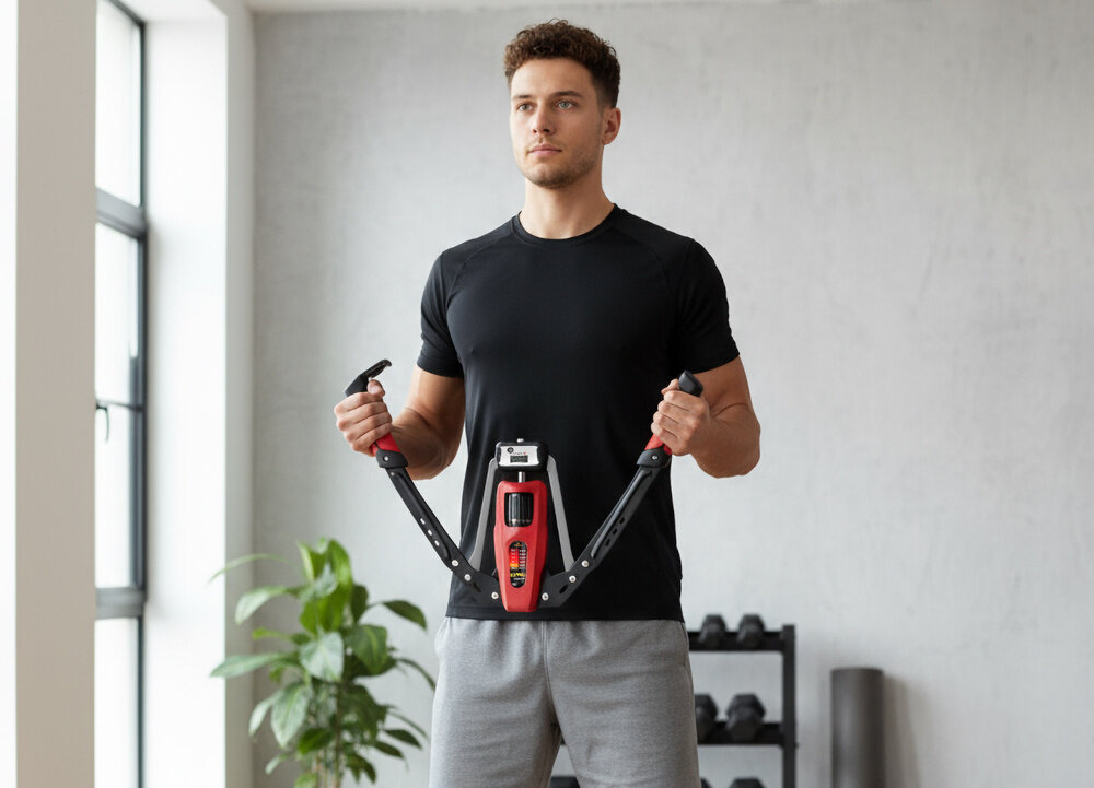 Ściskacz do ramion HMS F1020 Pro pokój osoba trzyma ściskacz przed sobą w dłoniach w tle półka z hantlami kwiat okno ćwiczenia angażują bicepsy tricepsy barki klatkę piersiową oraz górny grzbiet wzmacnia mięśnie piersiowe ruchy nad głową rozwijają obręcz barkową ćwiczenia w opadzie aktywują plecy poprawia siłę funkcjonalną lepsza sprawność w sporcie i codziennych czynnościach