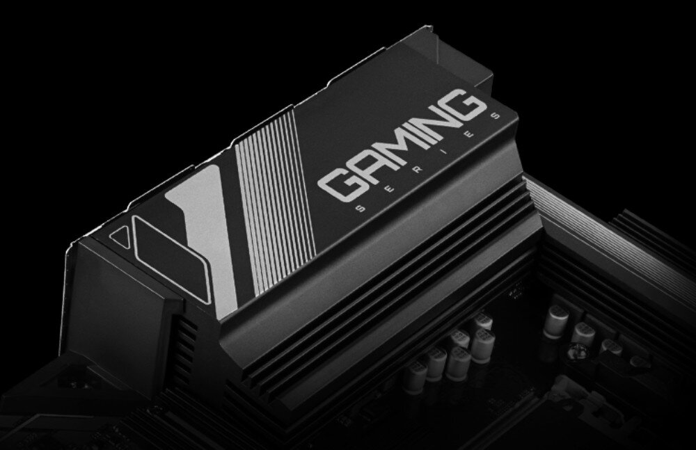 Płyta główna GIGABYTE B650 Gaming X AX V2 Fragment radiatora sekcji zasilania z napisem 'Gaming Series' na czarnym tle