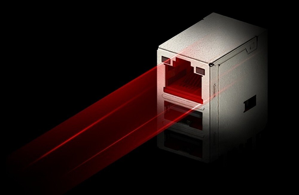 Płyta główna GIGABYTE B650 Gaming X AX V2 Metalowe gniazdo sieciowe RJ-45 z efektem czerwonego światła wychodzącego z wnętrza portu