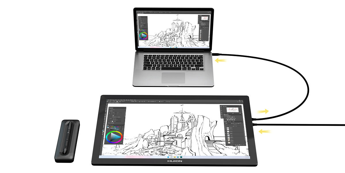 Tablet graficzny 18.4 HUION Kamvas Pro 19 4K 2x USB-C ładowanie komputerów przenośnych z mocą do 40 W zasilacz o mocy 65 W GaN