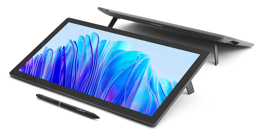 Tablet graficzny 18.4 HUION Kamvas Pro 19 4K cienka obudowa 2,1 cm waga 2 kg połączenie aluminium szkła i plastiku możliwość montażu VESA zintegrowane nóżki