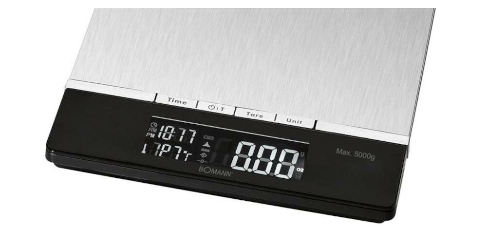 BOMANN-KW-1421-CB waga czytelny wyświetlacz lcd zegar permanentny wskaźnik temperatura wyłącznik funkcja tarowanie kilogram gram funt uncja proste wygodne korzystanie