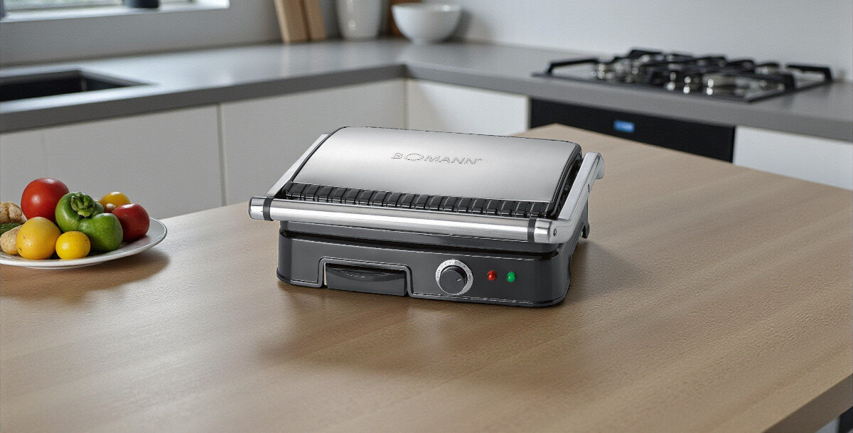 Grill elektryczny BOMANN KG 2242 CB, pogoda, moc, płytki, pokrywa, Grill BOMANN KG 2242 CB rozłożony na zewnątrz, z grillującymi się stekami i warzywami na ruszcie, w tle taras z oświetleniem i zielonymi roślinami ozdobnymi.