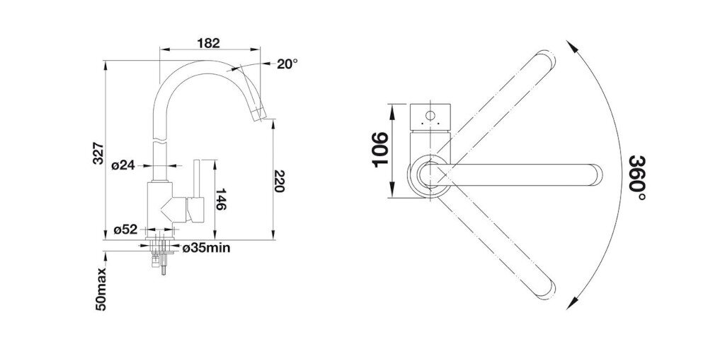 BATERIA KUCHENNA BLANCO Mida 519423 zdjęcie techniczne wymiary wylewka wysokość zasięg korpus