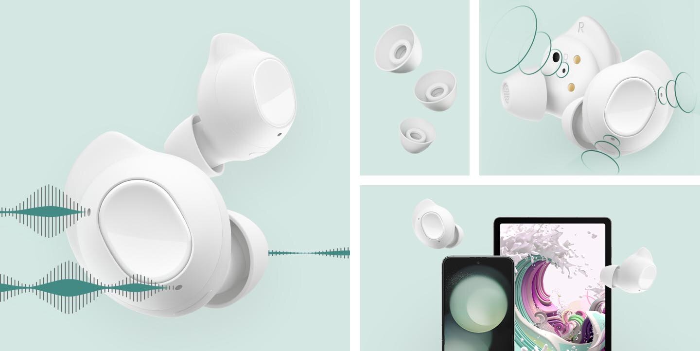 overview pc Zbliżenie na dwie wiszące słuchawki Galaxy Buds FE. Trzy końcówki douszne w różnych rozmiarach unoszą się w szyku. Zbliżenie na dwie słuchawki douszne Galaxy Buds FE z falami dźwiękowymi dochodzącymi z mikrofonów wewnętrznego i zewnętrznego. Urządzenie Galaxy Tab S9 FE i dwie słuchawki douszne Galaxy Buds FE unoszące się w powietrzu.