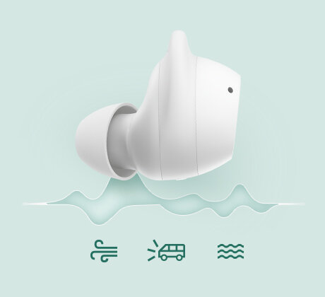 Widok słuchawki dousznej Galaxy Buds FE z boku. Poniżej pokazane są trzy ikony przedstawiające wiatr, klakson i hałas.