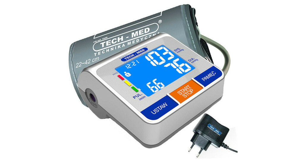 Ciśnieniomierz TECH-MED TMA-500 PRO z zasilaczem wyglad front wyswietlacz obsluga
