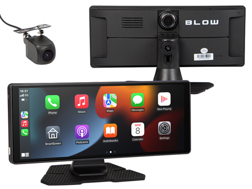 Tablet BLOW CarPlay 5.0 Bezprzewodowy Czarny z funkcją dzielenia ekranu w trybie split screen, tablet po skosie oraz od tyłu na białym tle