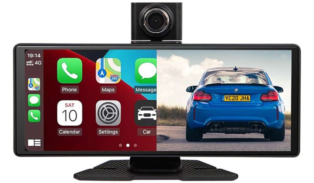 Tablet BLOW CarPlay 5.0 Bezprzewodowy Czarny z kamerą cofania i akcesoriami montażowymi, tablet od frontu na białym tle