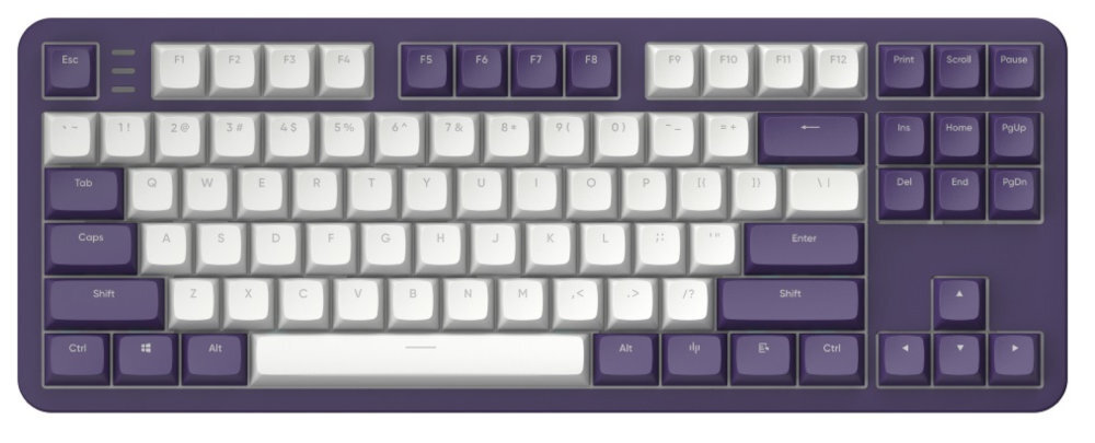 DARK PROJECT Alu Violet TKL 80% bez bloku numerycznego myszkę Smukła konstrukcja - klawiatura od góry na białym tle