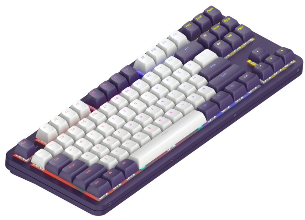 DARK PROJECT Alu Violet dedykowane klawisze multimedialne sterowanie dźwiękiem i multimediami bez potrzeby wychodzenia z aplikacji - klawiatura od boku na białym tle z podświetleniem rgb