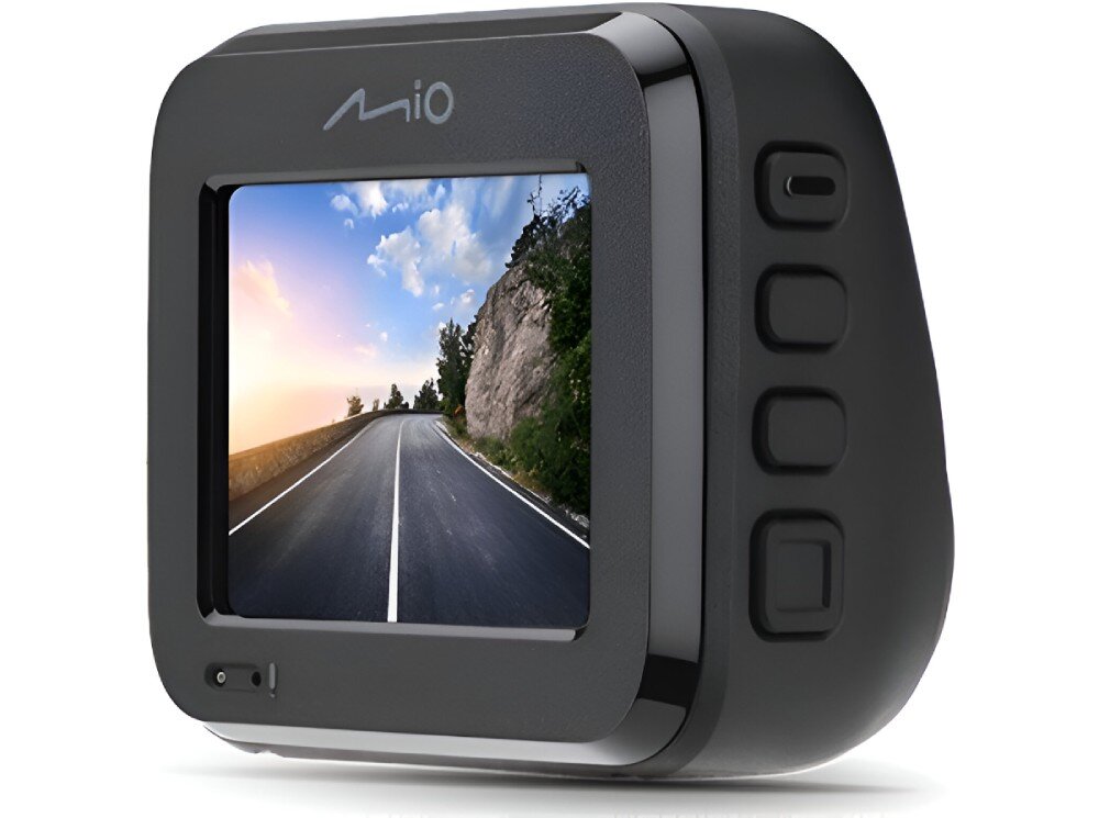 MIO MiVue C595WD Dual S wyświetlaczowi LCD o przekątnej 2 cale ustawienia oraz nagrania rejestrator zasilany jest przez gniazdo zapalniczki samochodowej - kamera na białym tle