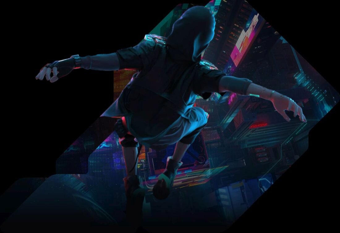 Osoba w bluzie z kapturem skacze nad miastem, z tłem miejskich budynków i nieba.  - Wyraźny dźwięk i obraz Nahimic 3 Audio Kamera internetowa HD 720P 