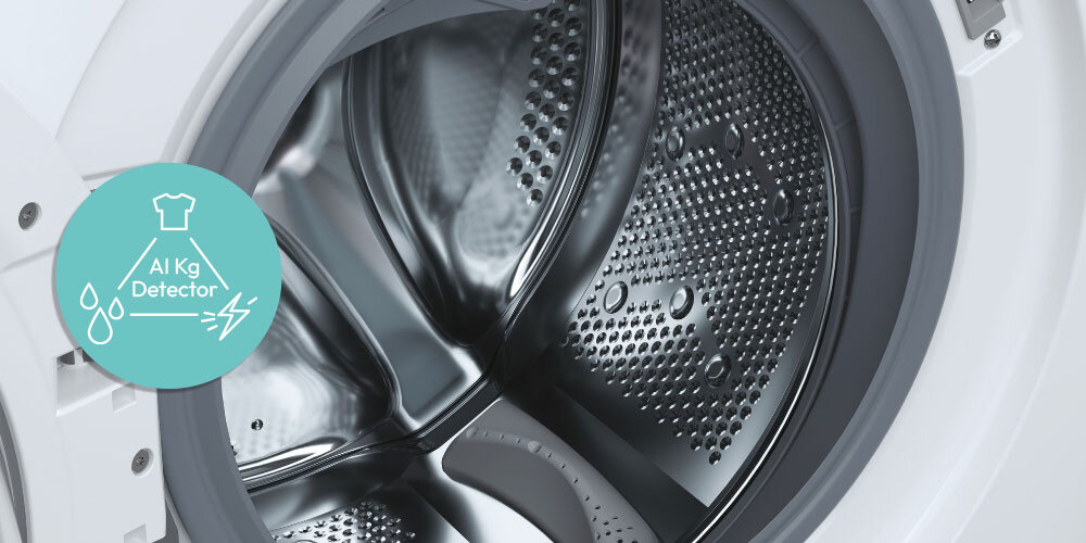 PRALKO-SUSZARKA CANDY SMART PRO CSOW 4855TWE lifestyle bęben wnętrze ikona funkcja technologia Automatyczny dobór parametrów automatyka wagowa AI kg Detector dobór wody czasu prędkości