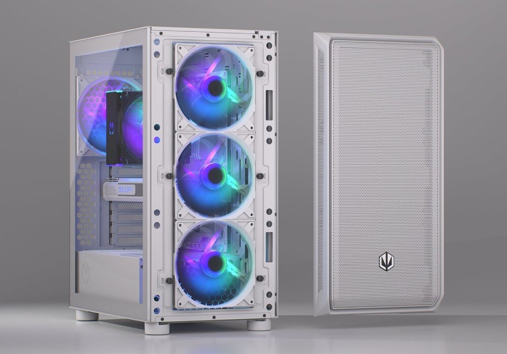 Komputer MAD DOG GeForce RTX5070 DLSS 4 Reflex Edition 2 ENDORFY500ARGB-WH-01DR32 Biała obudowa komputerowa z przeszklonym bokiem i trzema podświetlonymi wentylatorami oraz stojącym obok zdjętym przednim panelem siatkowym