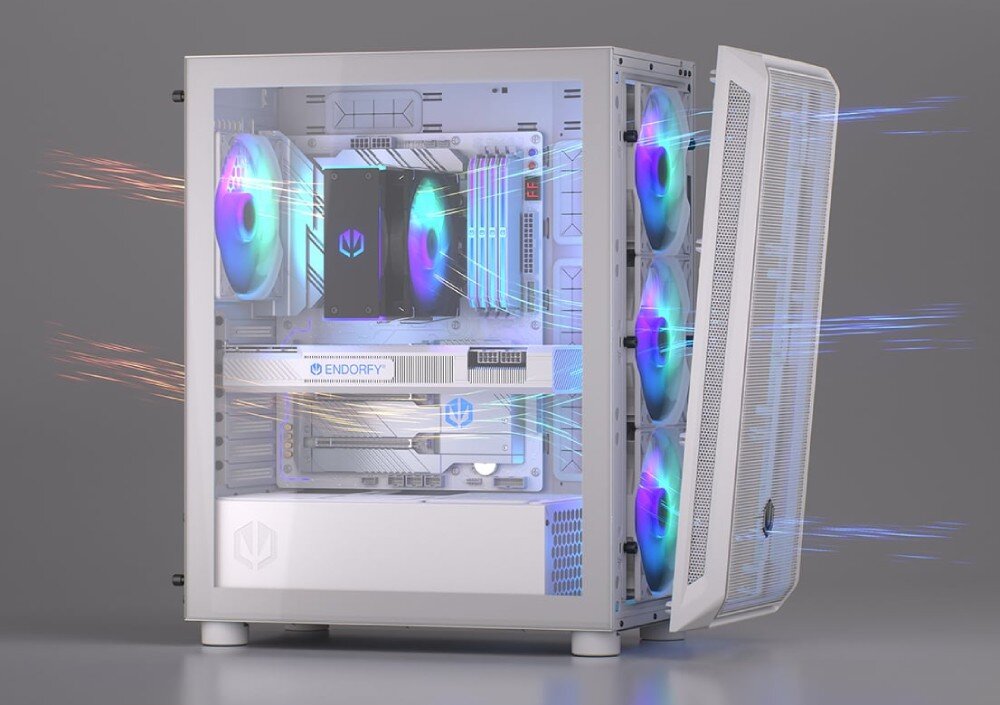 Komputer MAD DOG GeForce RTX5070 DLSS 4 Reflex Edition 2 ENDORFY500ARGB-WH-01DR32 Widok na komputer od boku z widocznymi podzespołami oraz z wizualizacją przepływu powietrza, obudowa, wygląd, wentylacja, porty