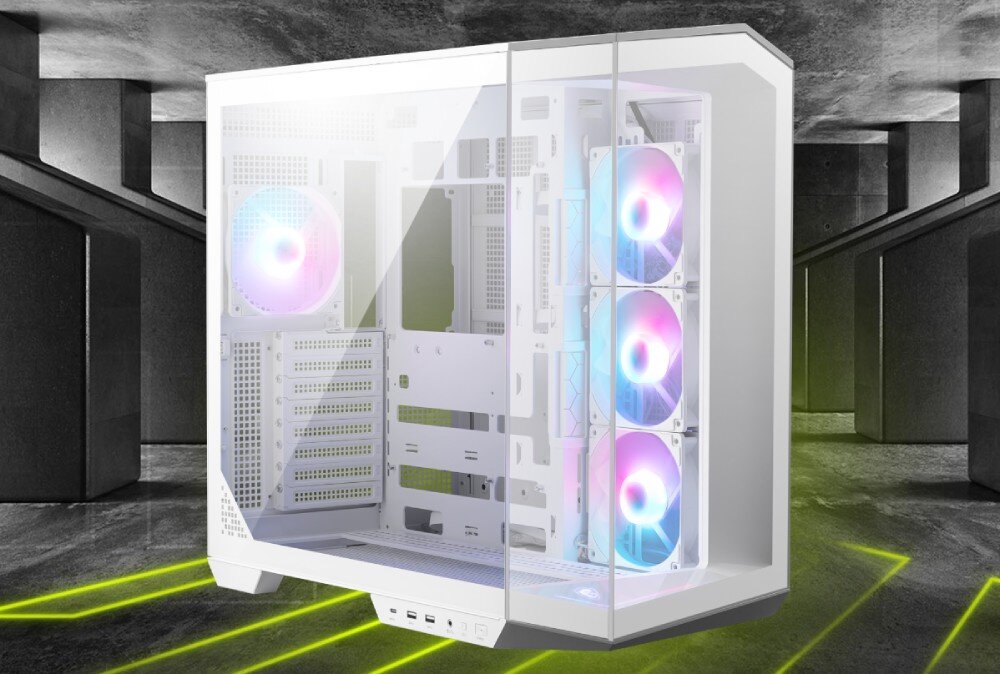 Komputer MAD DOG GeForce RTX5070Ti DLSS 4 Reflex Edition 2 PANO-100R-WH-02WR32WP Obudowa komputera z przezroczystym panelem bocznym i frontowym. Wewnątrz zamontowane są cztery wentylatory RGB – trzy z przodu i jeden z tyłu, w tle betonowe ściany z zielonym podświetleniem, obudowa, wygląd, wentylacja, filtry, porty