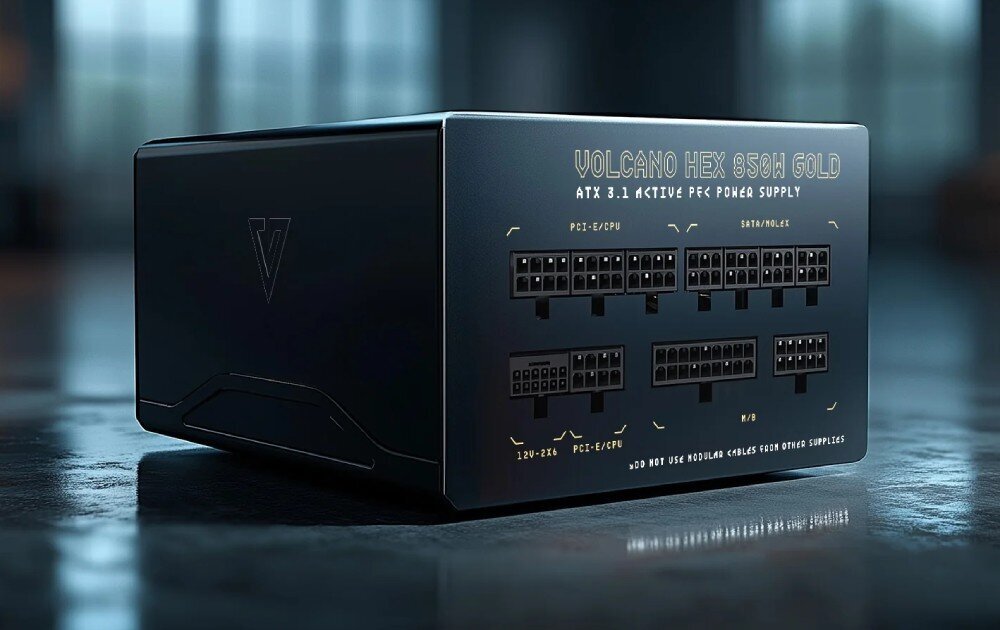 Komputer MAD DOG GeForce RTX5070 DLSS 4 Reflex Edition 2 STELLAR-A01WB32WP Widok z przodu na czarny zasilacz z oznaczeniami złączy modularnych i napisem 'Volcano Hex 850W Gold ATX 3.1 Active PFC Power Supply', z wyraźnie opisanymi portami PCI-E/CPU, SATA/Molex oraz M/B, zasilacz, moc, sprawność