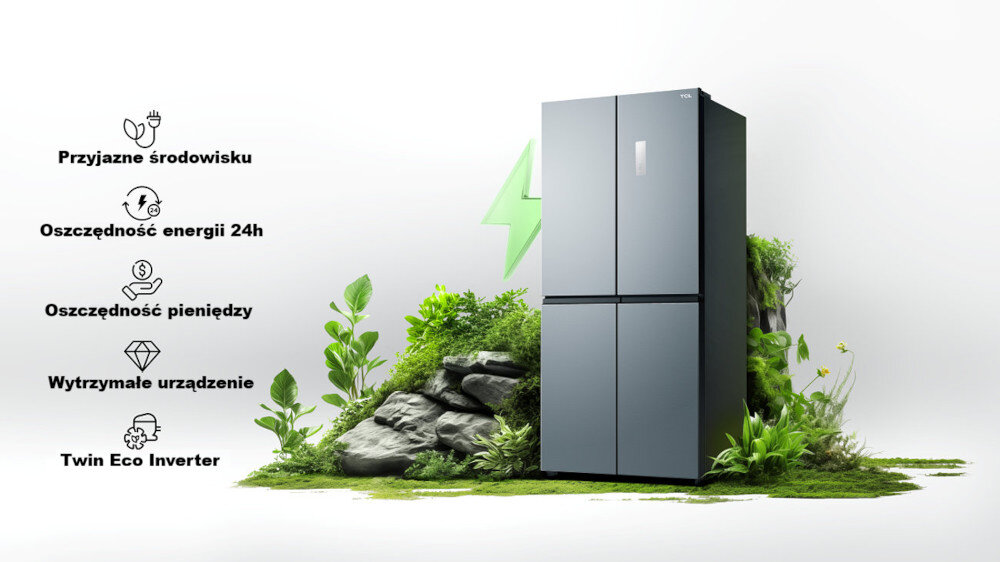 LODÓWKA TCL RC456CXE0 Po prawej stoi lodówka typu French Door otoczona zielonymi roślinami, mchem i kamieniami, za którymi widać stylizowaną zieloną błyskawicę. Po lewej stronie na białym tle umieszczono ikony z opisami: przyjazne środowisku, oszczędność energii 24h, oszczędność pieniędzy, wytrzymałe urządzenie i Twin Eco Inverter Energy Saving niższe zużycie prądu energooszczędna lodówka ekologia oszczędność