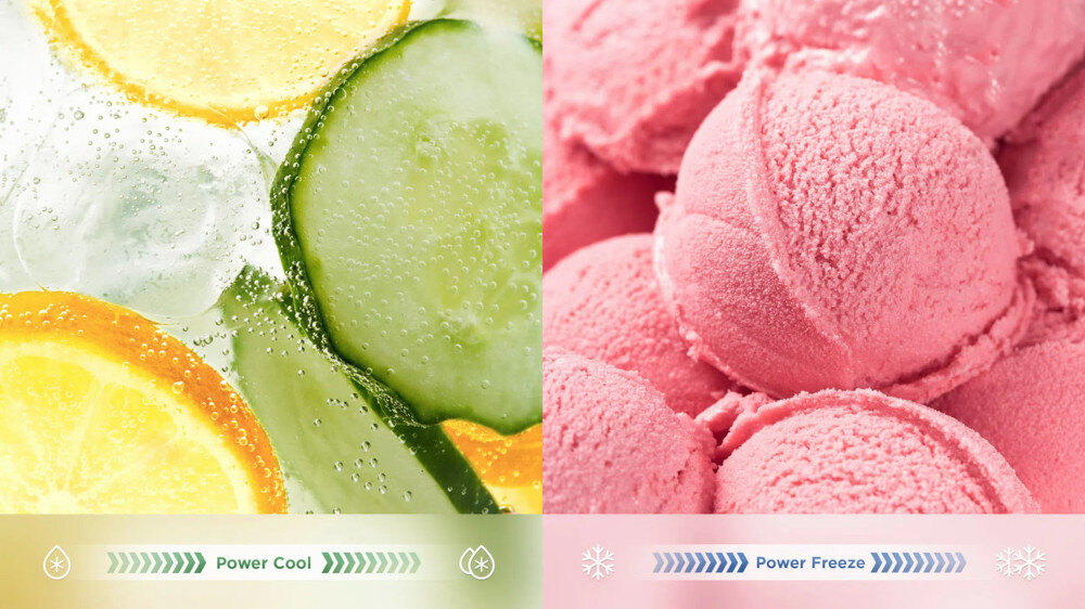 LODÓWKA TCL RC456CXE0 Po lewej stronie widać plasterki cytryny i ogórka z bąbelkami wody na tle lodu. Po prawej stronie znajdują się różowe kulki lodów, na dole podpisy „Power Cool” i „Power Freeze” z odpowiednimi ikonami Power Cool Power Freeze szybkie chłodzenie szybkie mrożenie świeżość po zakupach