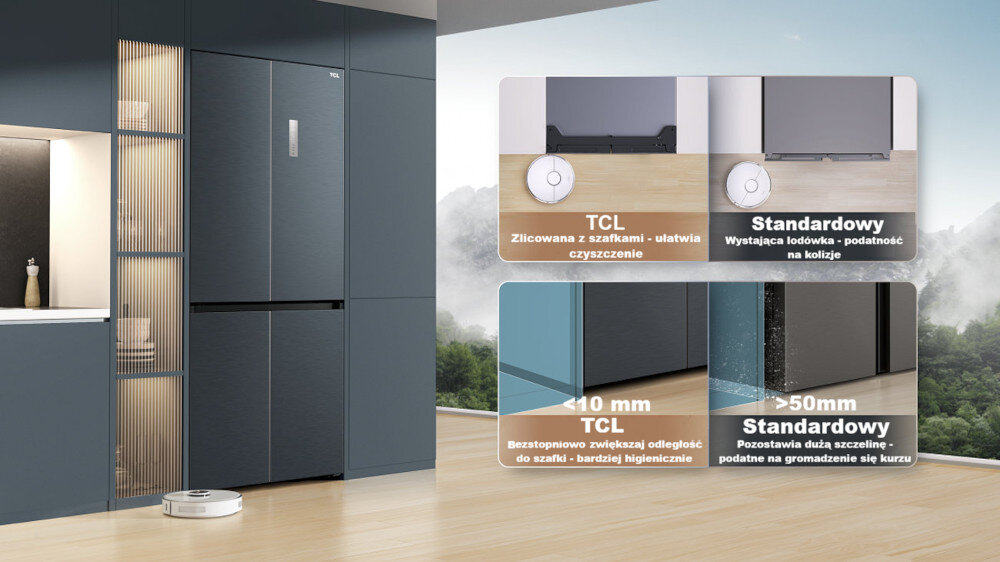 LODÓWKA TCL RC456CXE0 Po lewej stronie widoczna jest wysoka zabudowa kuchenna z lodówką wkomponowaną w szafki, obok której na podłodze stoi robot sprzątający. Po prawej stronie umieszczono dwie pary paneli porównawczych TCL vs „Standardowy”, pokazujące różnice w dystansie do ściany i szczelinach przy podłodze Free Built-In pełna integracja z meblami zabudowa kuchenna spójny design maksymalne wykorzystanie przestrzeni