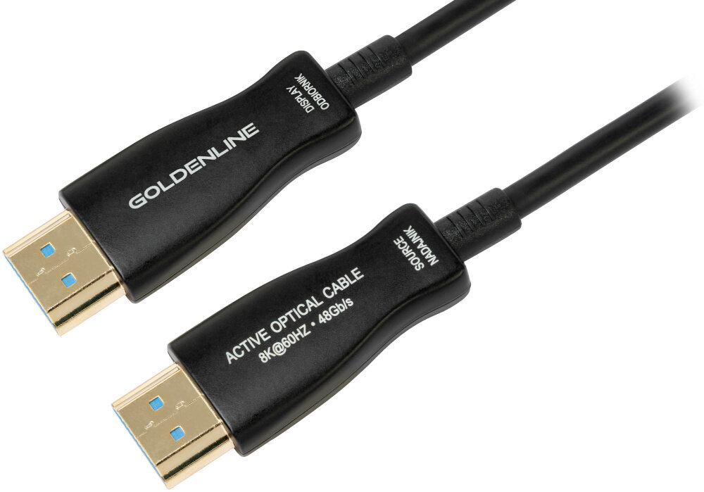 Kabel optyczny HDMI - HDMI GOLDENLINE 5 m, końcówki na białym tle przesyłanie audio-wideo, rozdzielczość 7680 x 4320 60 Hz