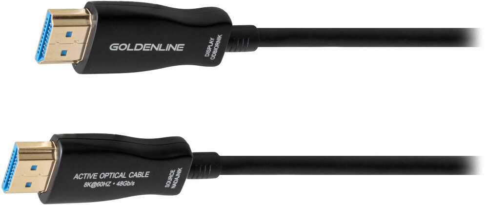 Kabel optyczny HDMI - HDMI GOLDENLINE 5 m, końcówki na białym tle funkcja ARC, przesyłanie dźwięku z telewizora do soundbara lub amplitunera
