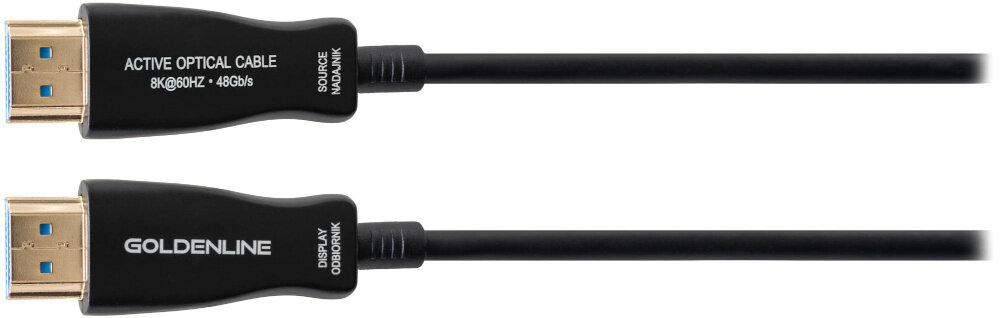 Kabel optyczny HDMI - HDMI GOLDENLINE 5 m, końcówki na białym tle pozłacane złącza, czarne wykończenie, HDMI 2.1