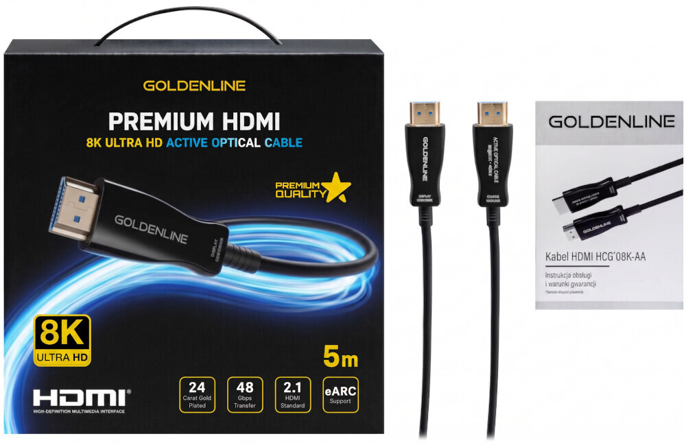 Kabel optyczny HDMI - HDMI GOLDENLINE 5 m, zestaw na białym tle