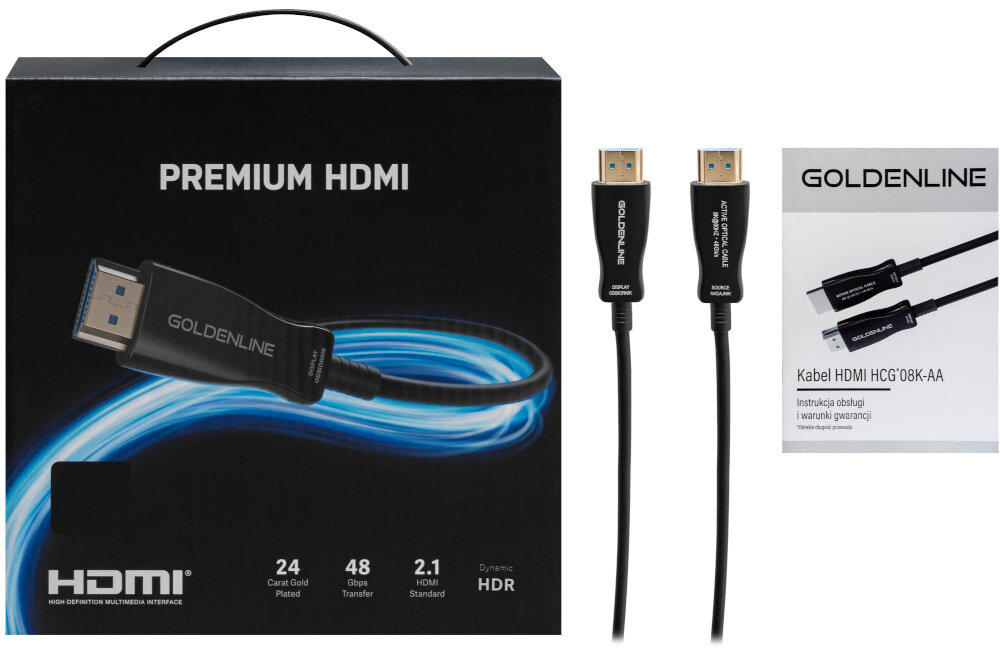 Kabel optyczny HDMI - HDMI GOLDENLINE 20 m, zestaw na białym tle