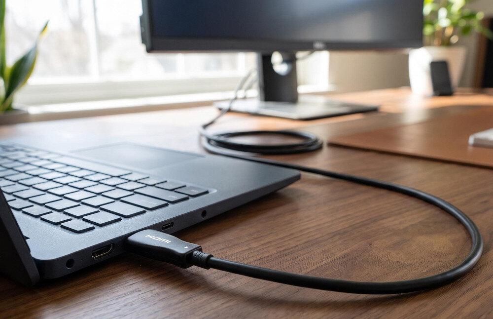 Kabel optyczny HDMI - HDMI GOLDENLINE 10 m, biurko laptop kabel podłączony do laptopa standard HDMI 2.1, 8K 60 Hz, HDR, ARC