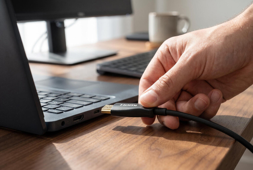 Kabel optyczny HDMI - HDMI GOLDENLINE 10 m, biurko osoba podłącza kabel do laptopa HDR, transmisja 3D, kabel do telewizora i projektora