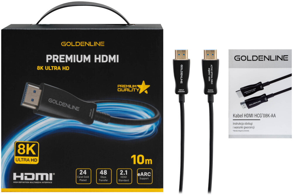 Kabel optyczny HDMI - HDMI GOLDENLINE 10 m, zestaw na białym tle