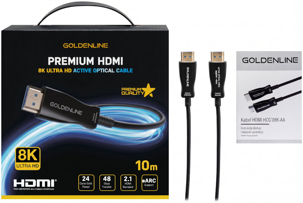 Na obrazie znajduje się opakowanie kabla HDMI marki GOLDENLINE z napisem \'PREMIUM HDMI 8K ULTRA HD\' oraz dwa kable HDMI. Obok widoczna jest instrukcja obsługi z napisem \'Kabel HDMI HCG\'08K-AA\'.