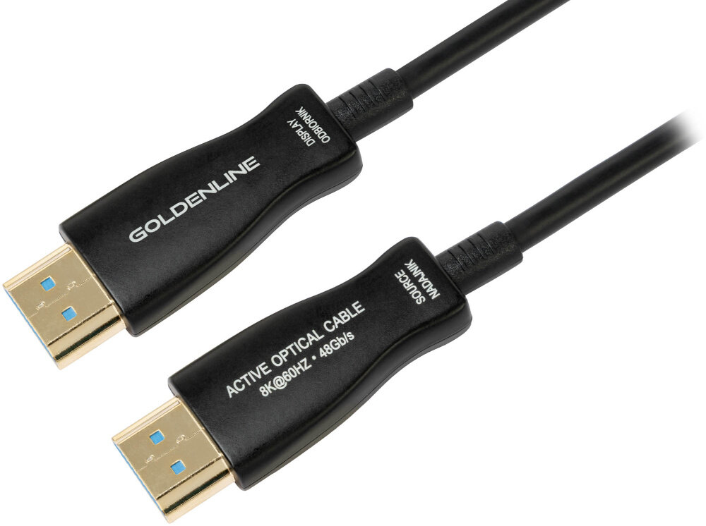Kabel optyczny HDMI - HDMI GOLDENLINE 15 m, końcówki na białym tle przesyłanie audio-wideo, rozdzielczość 7680 x 4320 60 Hz