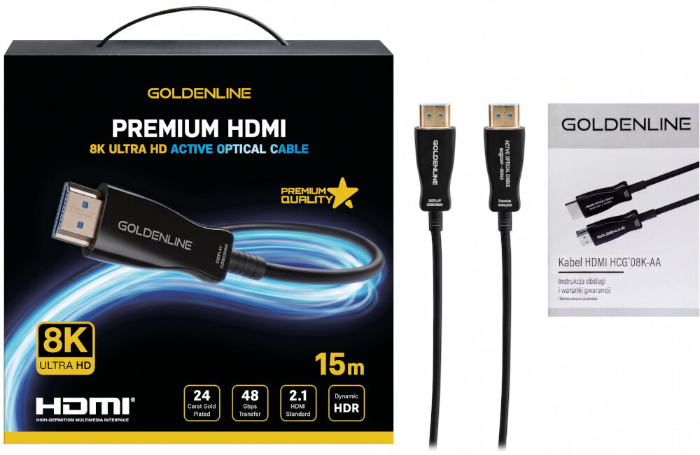 Na obrazie znajduje się opakowanie kabla HDMI marki GOLDENLINE z napisem \'PREMIUM HDMI 8K ULTRA HD ACTIVE OPTICAL CABLE\' oraz dwa kable HDMI. Obok widoczna jest instrukcja obsługi z napisem \'Kabel HDMI HCG\'08K-AA\'.