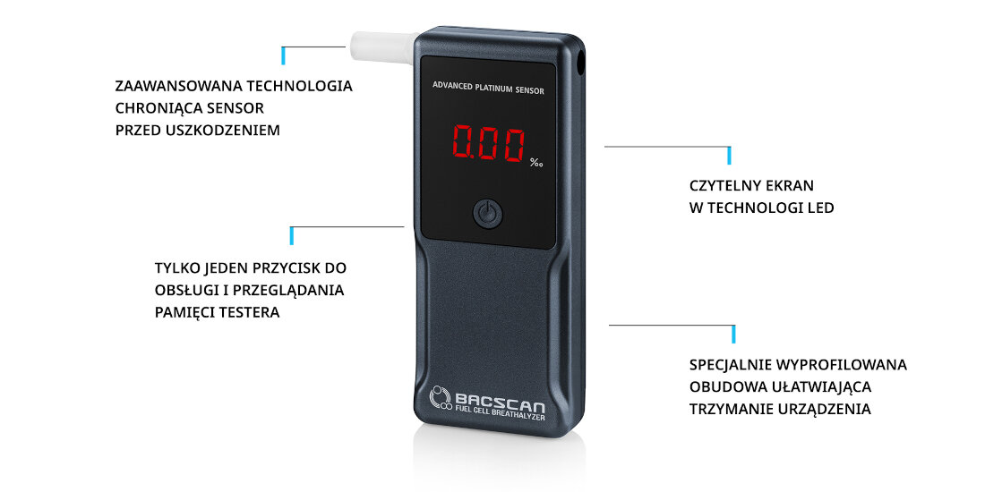 Alkomat BACSCAN F-50 Ultra system ochrony sensora obudowa wygoda komfort wbudowany zegar kontroluje prawidłowe