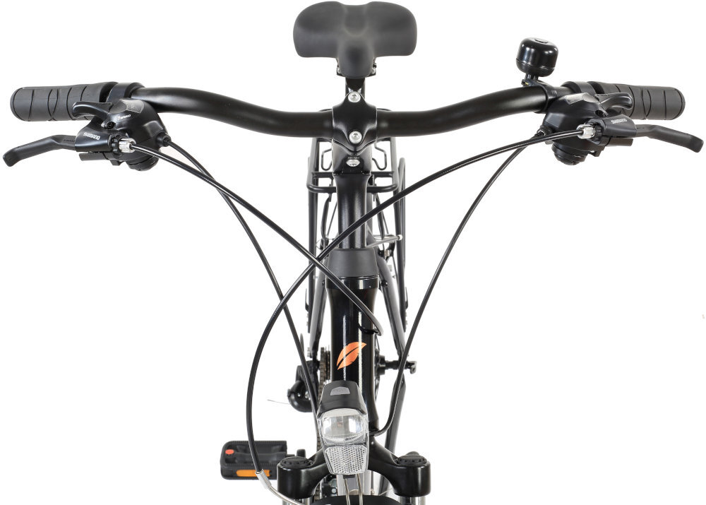 Rower trekkingowy INDIANA X-Road 1.0 M19 28 cali męski Czarno-miedziany kierownica na białym tle widoczna od przodu solidna kierownica marki INDIANA o szerokości 610 mm ze stali lepsza stabilność pewniejsze prowadzenie wspornik marki INDIANA typu REG o długości 80 mm i średnicy 25,4 mm trwałe i precyzyjne połączenie z widelcem zwiększa kontrolę nad rowerem waga 15 kg