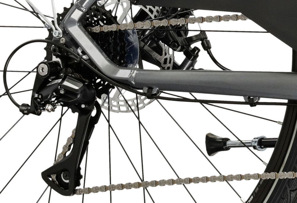 Rower trekkingowy INDIANA X-Road 3.0 M1928 cali męski Szaro-bordowy zbliżenie na tylną przerzutkę przerzutki marki SHIMANO 24 przełożeń duża wytrzymałość i sprawne działanie przednia przerzutka SHIMANO Tourney tylna SHIMANO Acera precyzyjna praca mechanizmu komfort kontrola