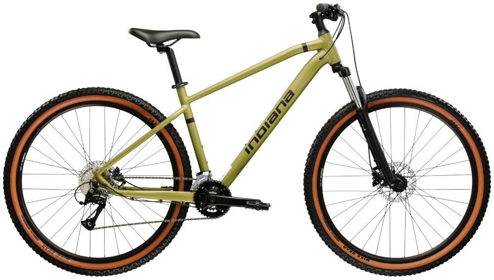Rower górski MTB INDIANA X-Pulser 2.9 M18 29 cali męski Zielono-czarny rower na białym tle widoczny z boku pasja jazda na rowerze środek transportu