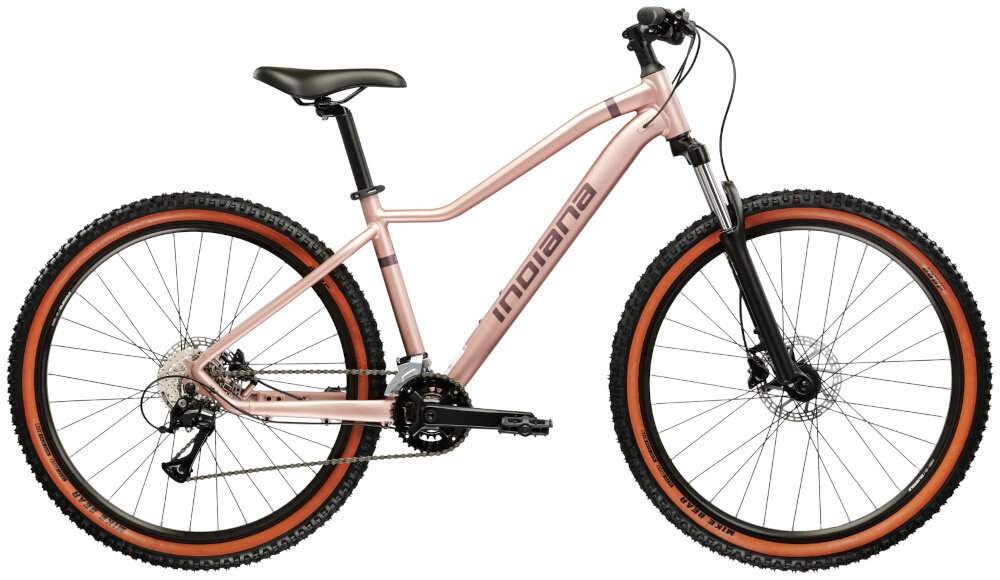 Rower górski MTB INDIANA X-Pulser 2.9 D15 27 cali damski Różowo-złoto-fioletowy rower na białym tle widoczny z boku pasja jazda na rowerze środek transportu