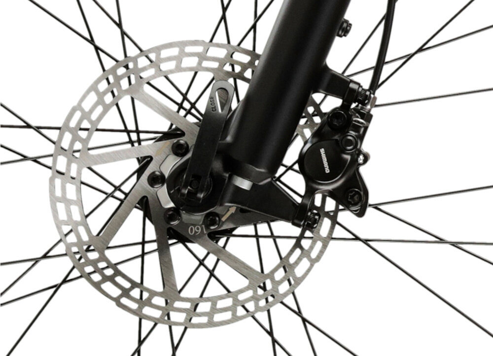 Rower górski MTB INDIANA X-Pulser 2.9 D17 27 cali damski Różowo-złoto-fioletowy zbliżenie na tarczę hamulcową podstawa bezpieczeństwa hamulce tarczowe hydrauliczne dużą siłą hamowania w każdych warunkach pogodowych i na każdej trasie płyn hamulcowy hamulce z przodu i z tyłu podwójny pakiet bezpieczeństwa
