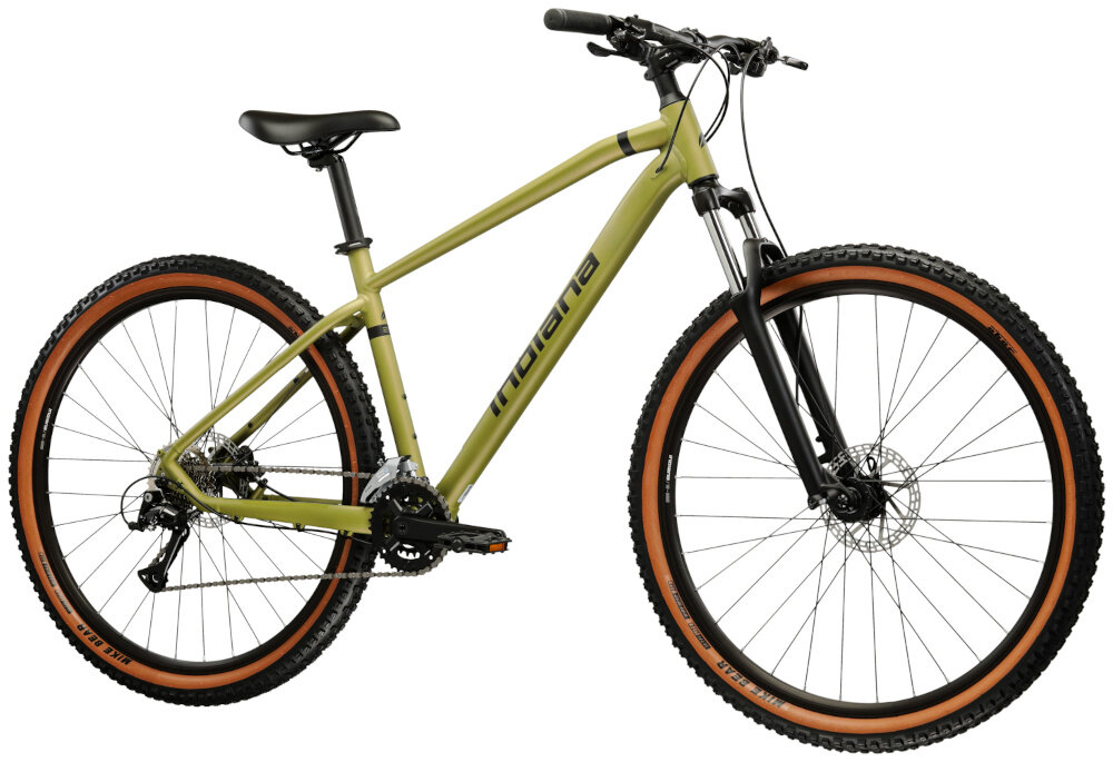 Rower górski MTB INDIANA X-Pulser 2.9 M20 29 cali męski Zielono-czarny rower na białym tle widoczny od przodu pod skosem góral dla sportowców do jazdy wyczynowej uniwersalny dla amatorów zwrotny łatwo wchodzący w zakręty do jazdy w mieście na drodze utwardzonej i nieutwardzonej w lesie górski szlak błocie piachu