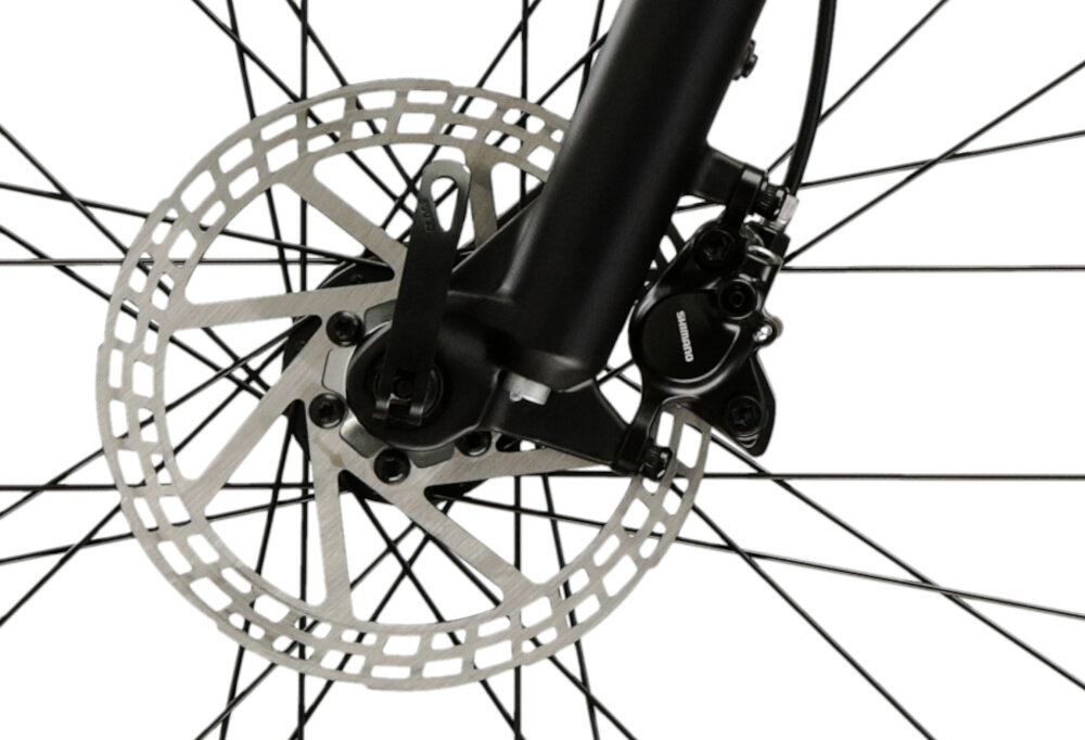 Rower górski MTB INDIANA X-Pulser 2.9 M20 29 cali męski Zielono-czarny zbliżenie na tarczę hamulcową podstawa bezpieczeństwa hamulce tarczowe hydrauliczne dużą siłą hamowania w każdych warunkach pogodowych i na każdej trasie płyn hamulcowy hamulce z przodu i z tyłu podwójny pakiet bezpieczeństwa