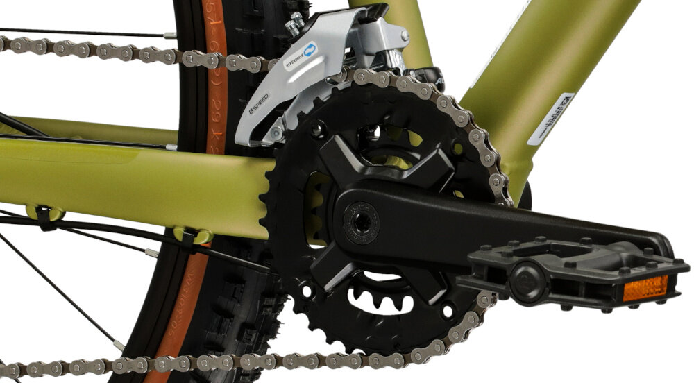 Rower górski MTB INDIANA X-Pulser 2.9 M20 29 cali męski Zielono-czarny zbliżenie na korbę solidny i wszechstronny napęd korba PROWHEEL w konfiguracji 22-36T/170 MM można lepiej dopasować tempo jazdy do warunków terenu oraz własnych możliwości kaseta SHIMANO CS-HG41 płynna zmiana biegów większa elastyczność jazdy ułatwia pokonywanie podjazdów komfortowa kadencja