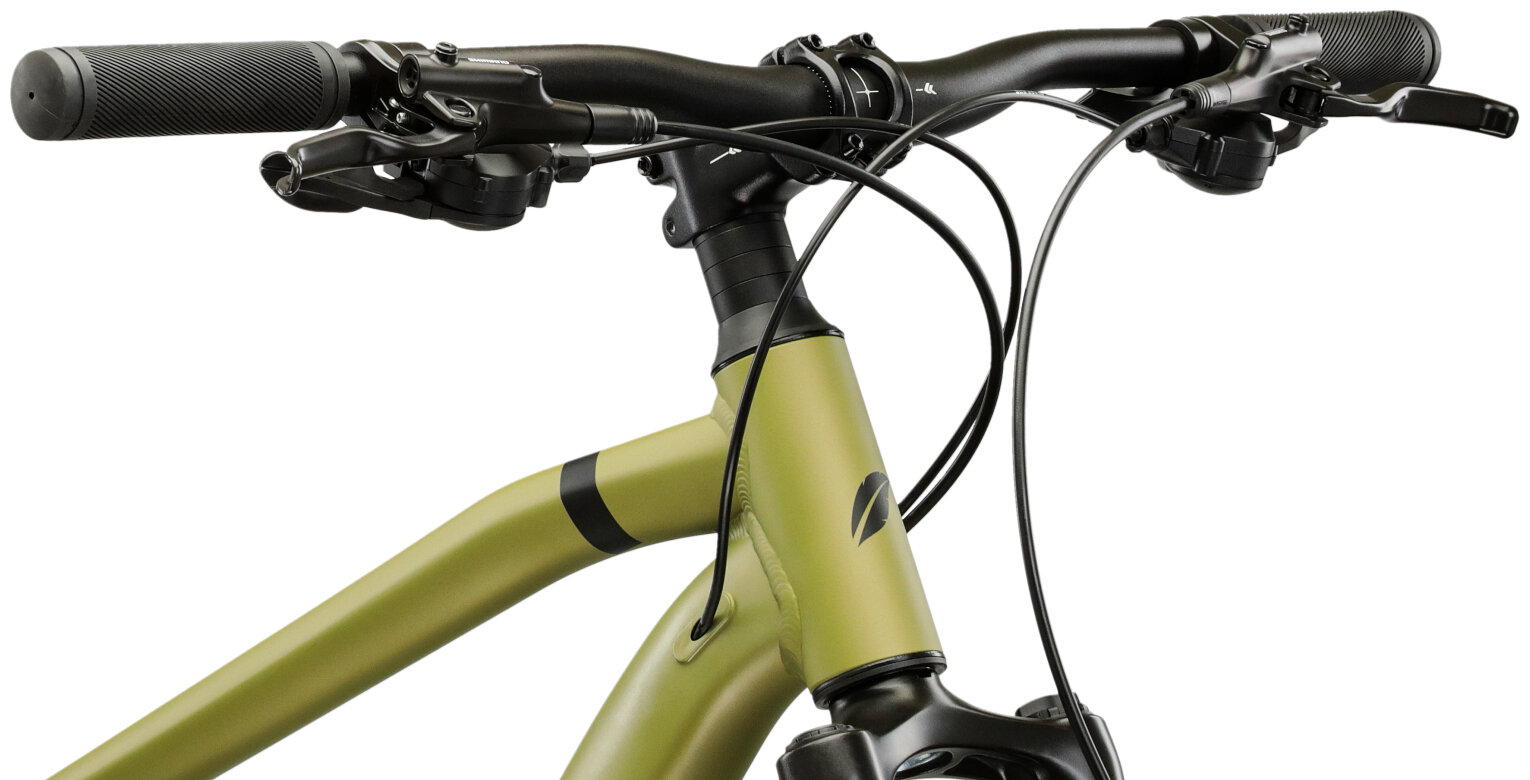 Rower górski MTB INDIANA X-Pulser 2.9 M20 29 cali męski Zielono-czarny kierownica na białym tle widoczna od przodu aluminiowa kierownica o szerokości 720 mm i średnicy otworu 31,8 mm ułatwia precyzyjne manewrowanie i omijanie przeszkód aluminiowy wspornik INDIANA 31.8/3° 60 mm dopasować pozycję kierownicy